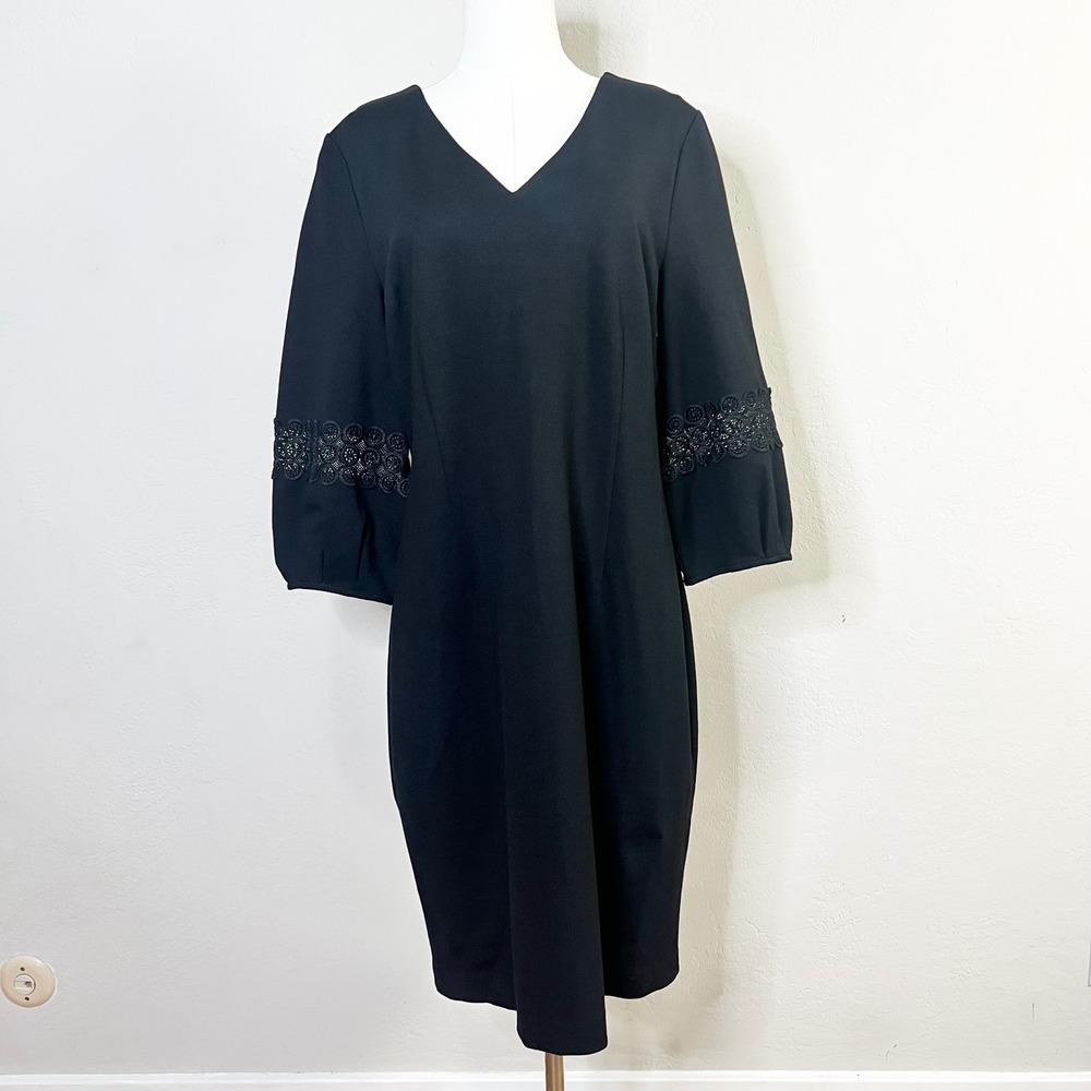 Talbots Dress Ponte‎ Sheath Size 12 Black V-Neck Eyelet Lace Sleeve Knee New